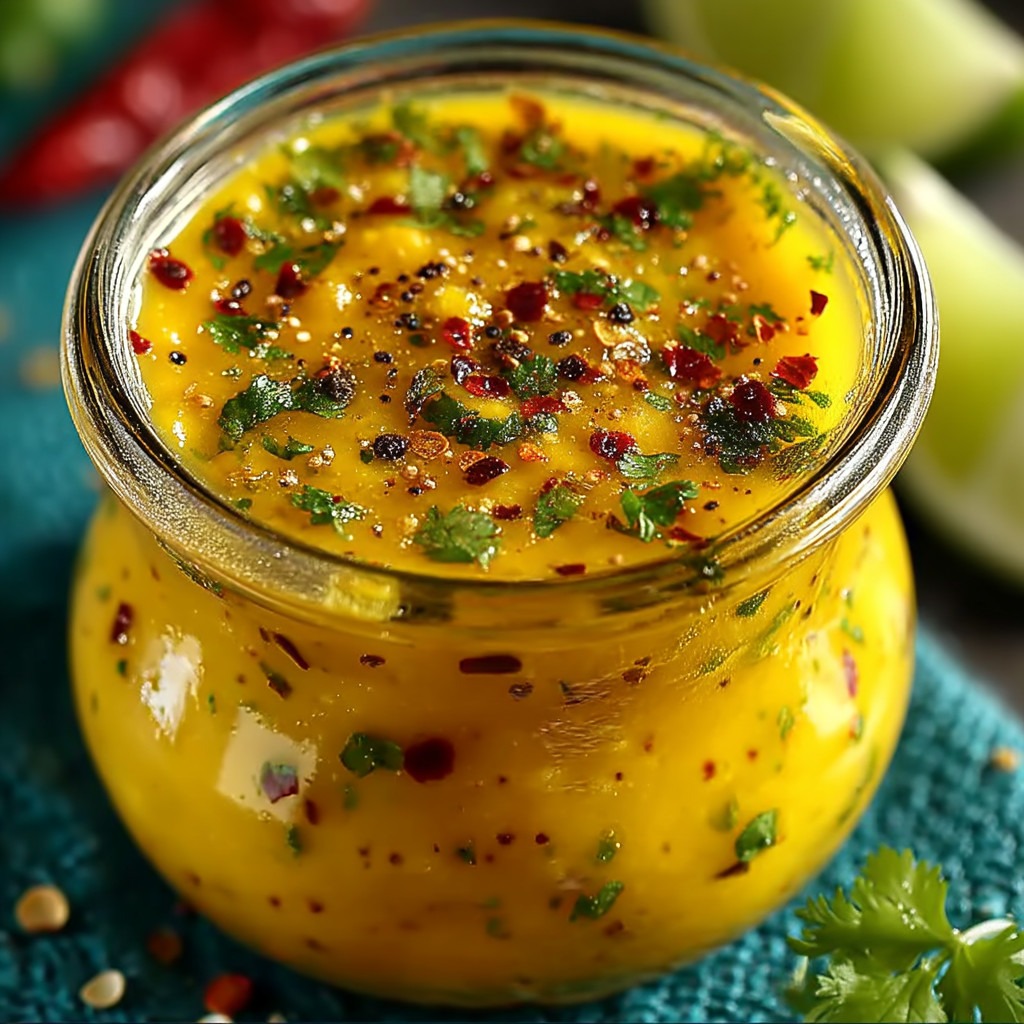 A jar of yellow sauce with red peppers.