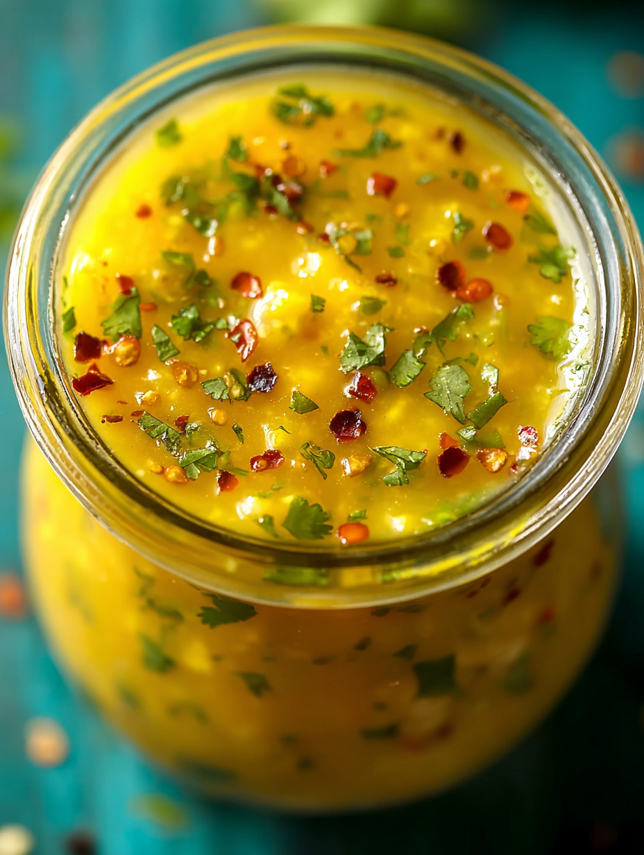 A jar of yellow soup with green spices.