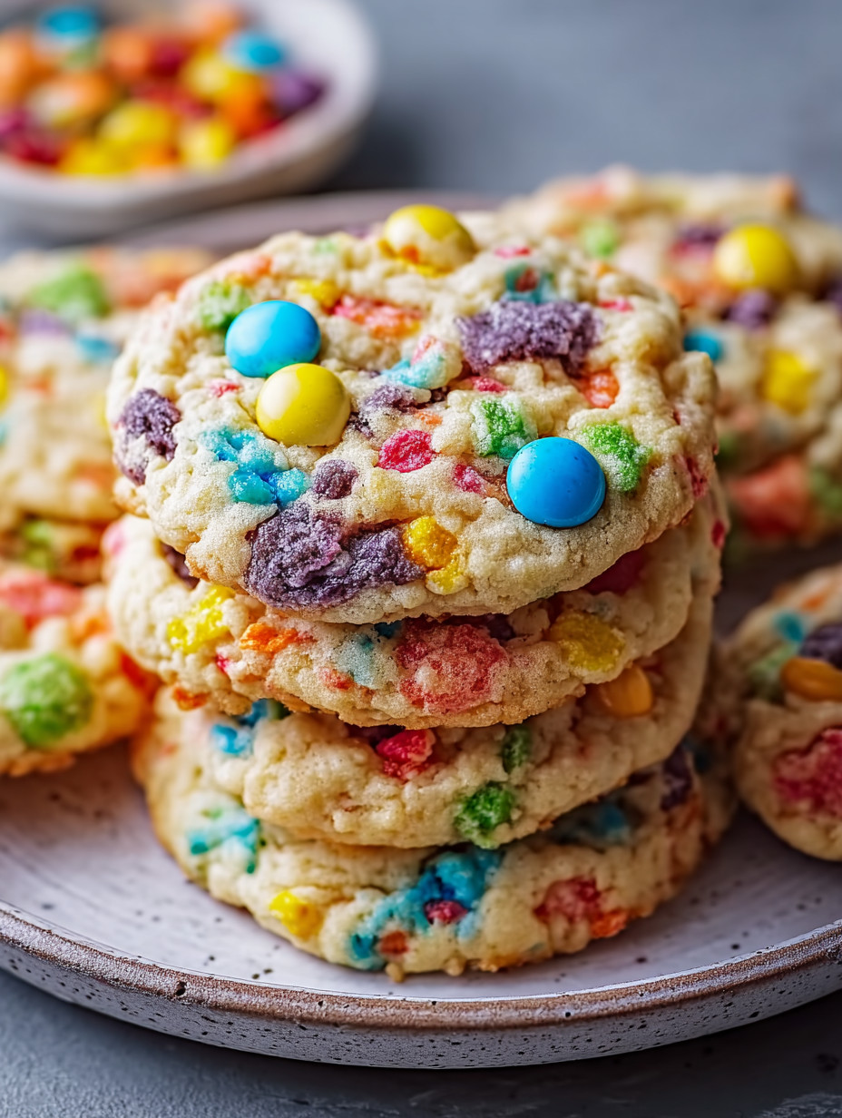A plate of colorful cookies with candy on top.