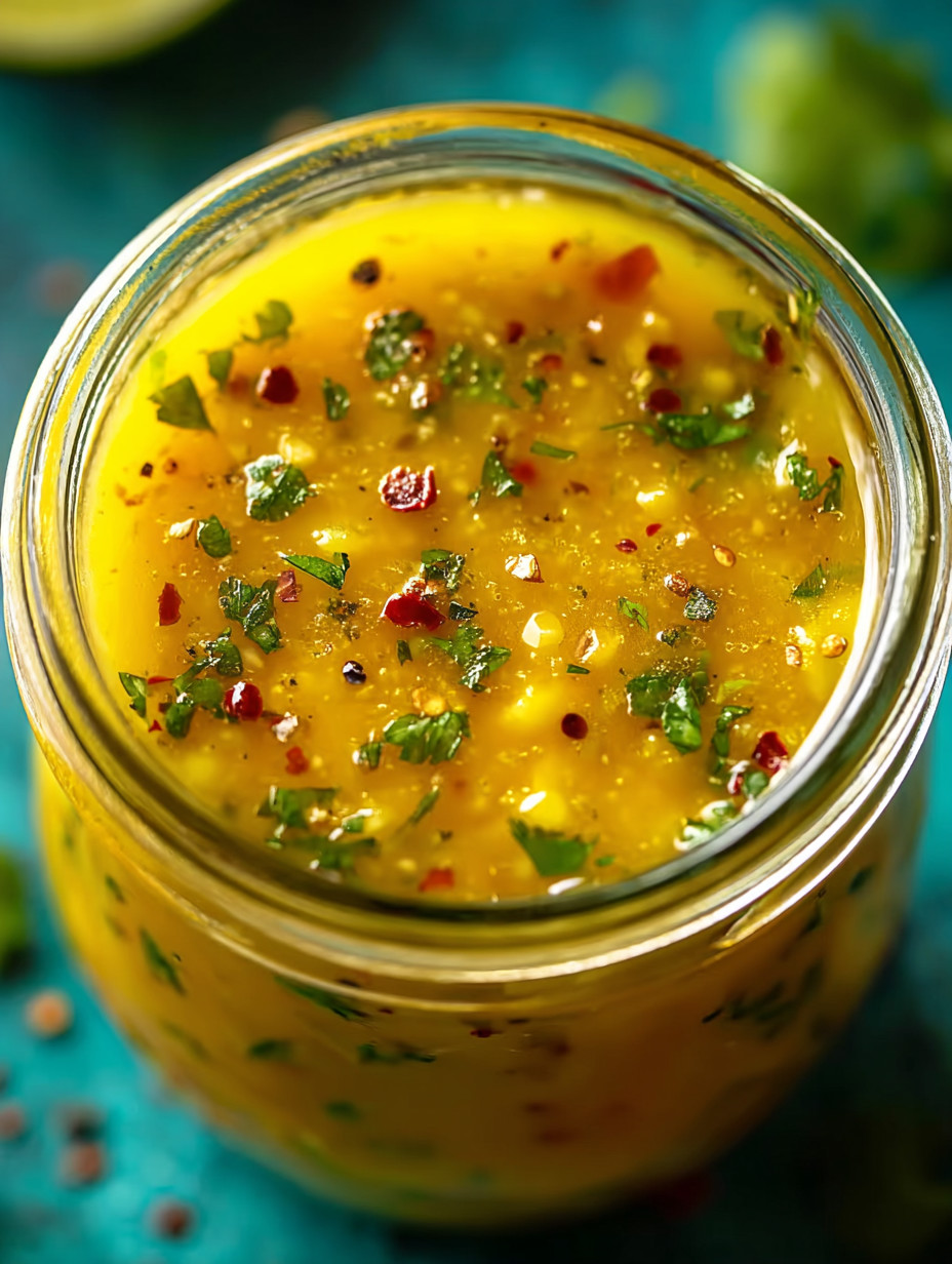 A jar of yellow sauce with green spices.