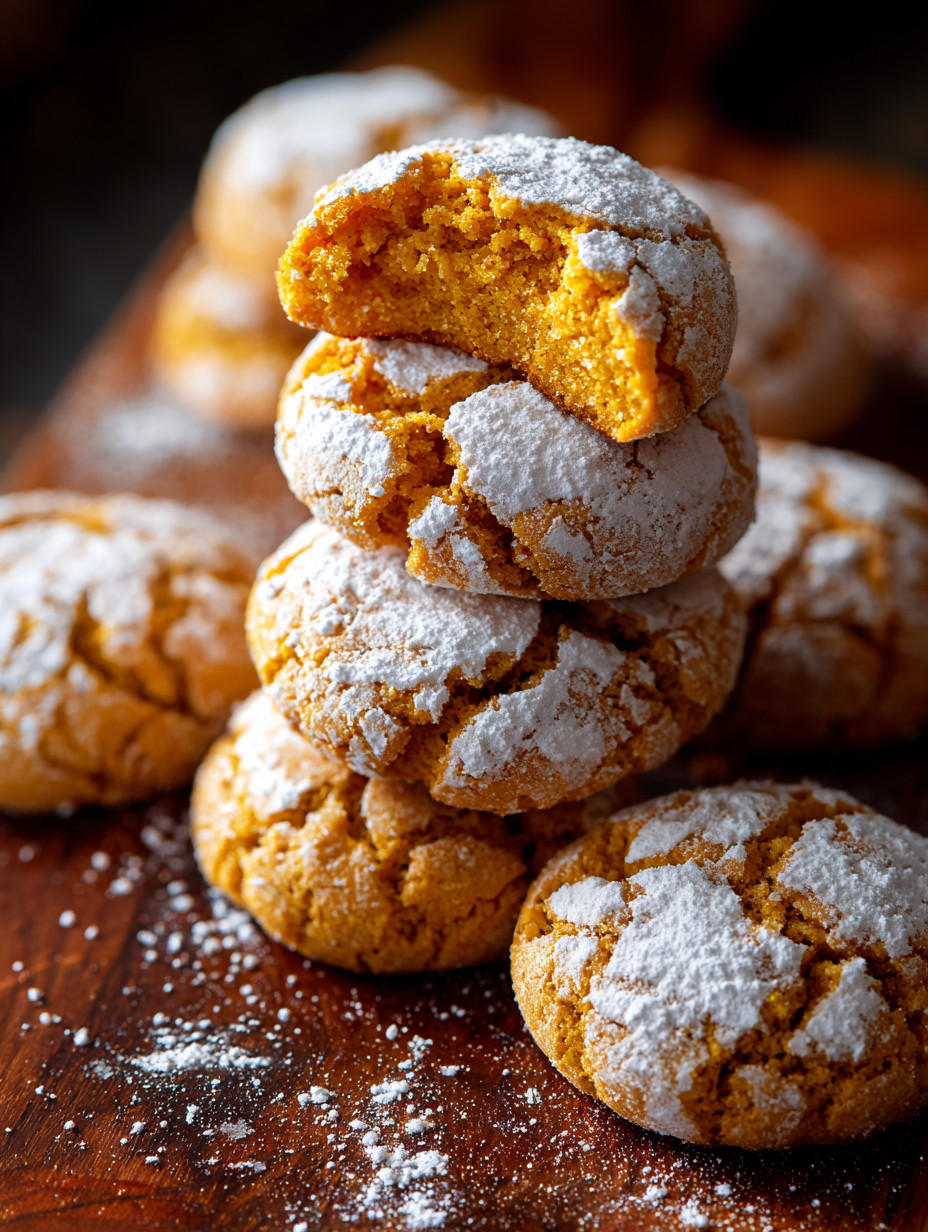 A stack of orange cookies with white powdered sugar on top.