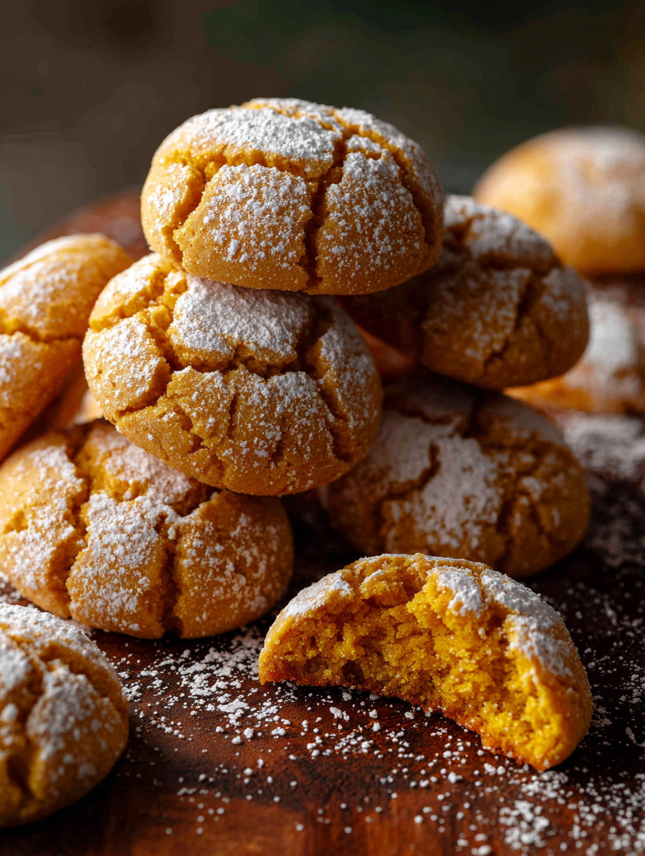 A stack of orange cookies with powdered sugar on top.