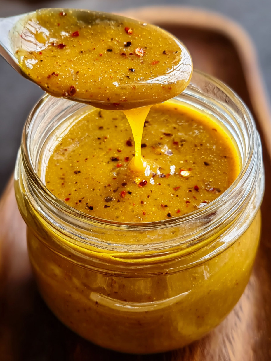 A spoon is in a jar of sauce.