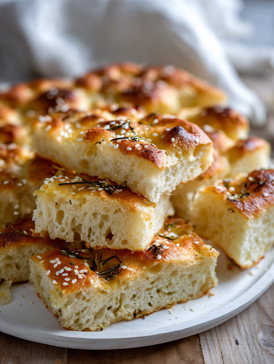 A plate of bread with herbs on top.