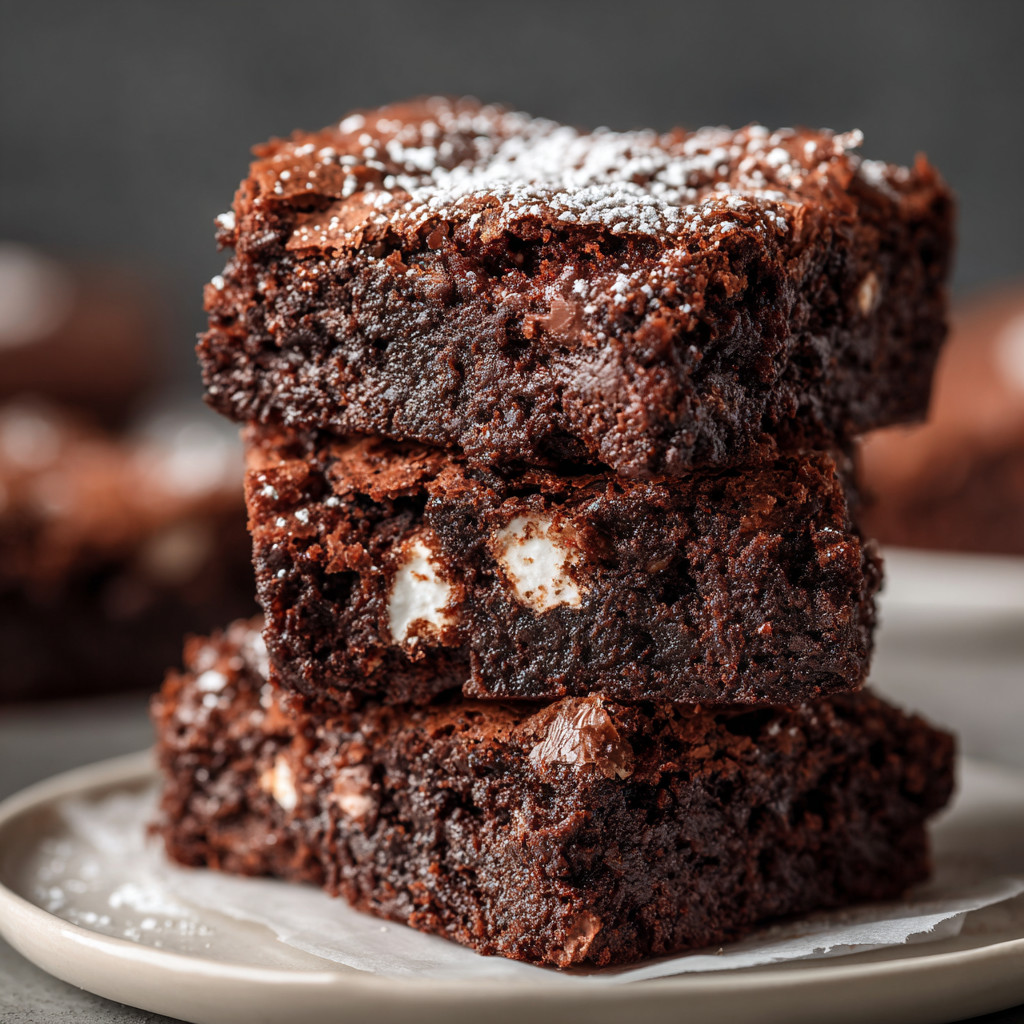A plate of brownies with white powder on top.