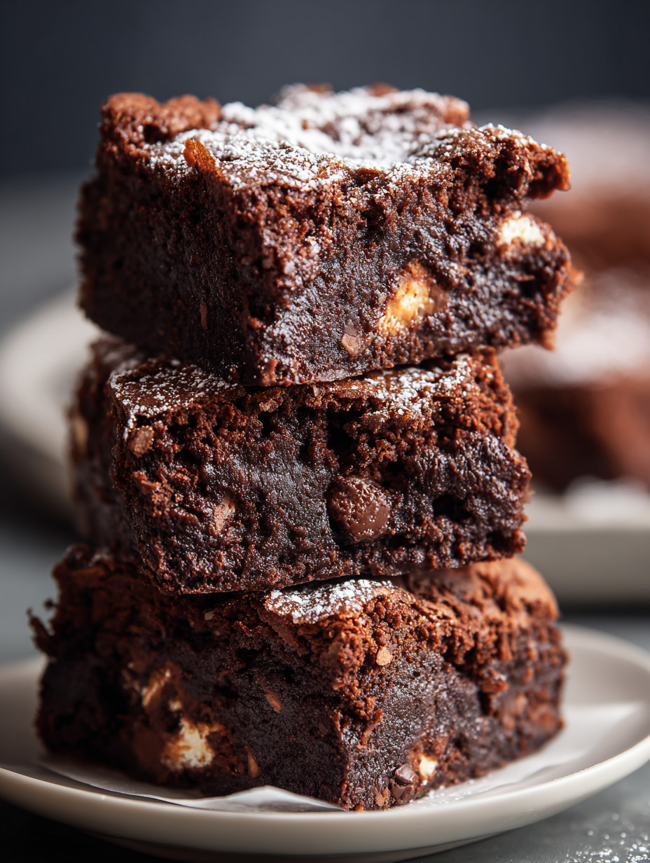 A stack of brownies with white powder on top.