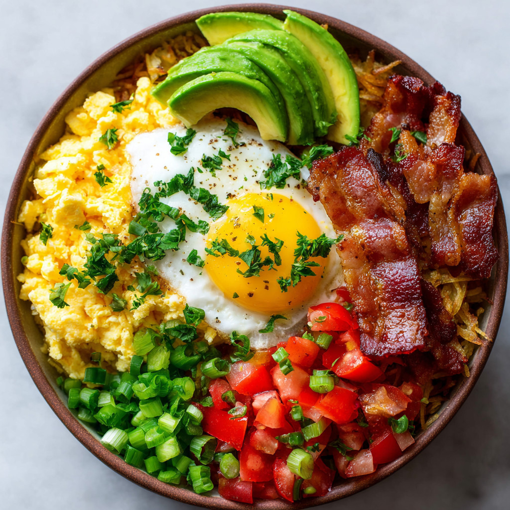 A bowl of food with eggs, bacon, and avocado.