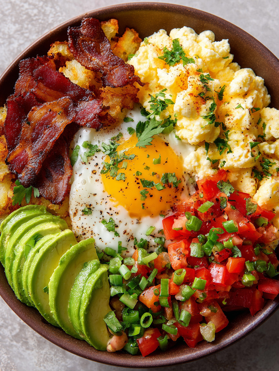 A bowl of food with eggs, bacon, tomatoes, and avocado.
