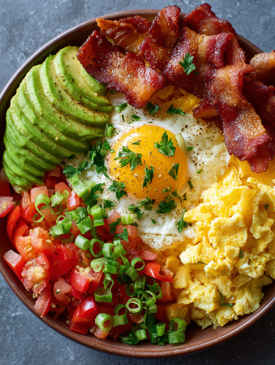 A bowl of food with eggs, bacon, avocado, tomatoes, and onions.