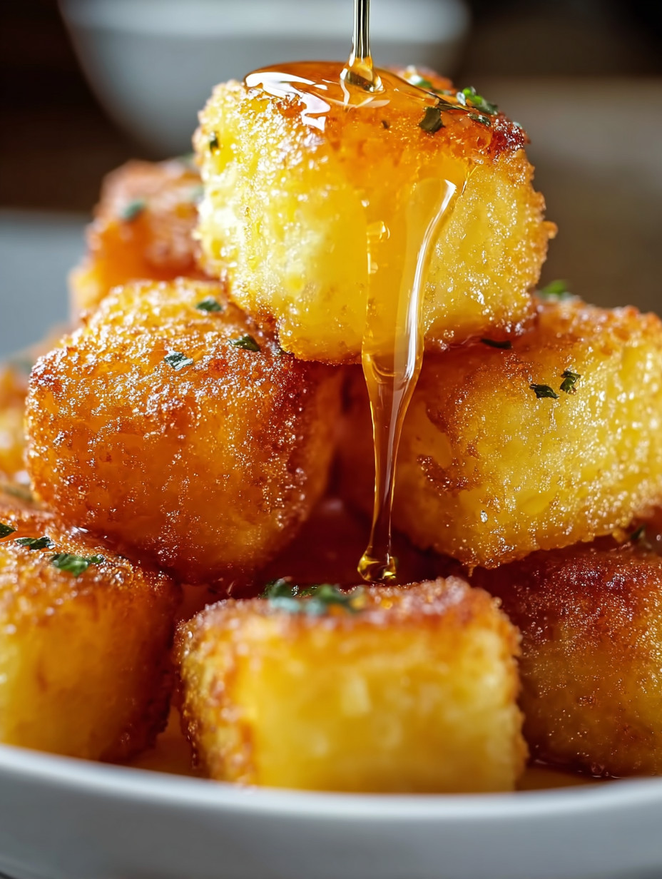 A stack of fried dough with honey drizzled on top.