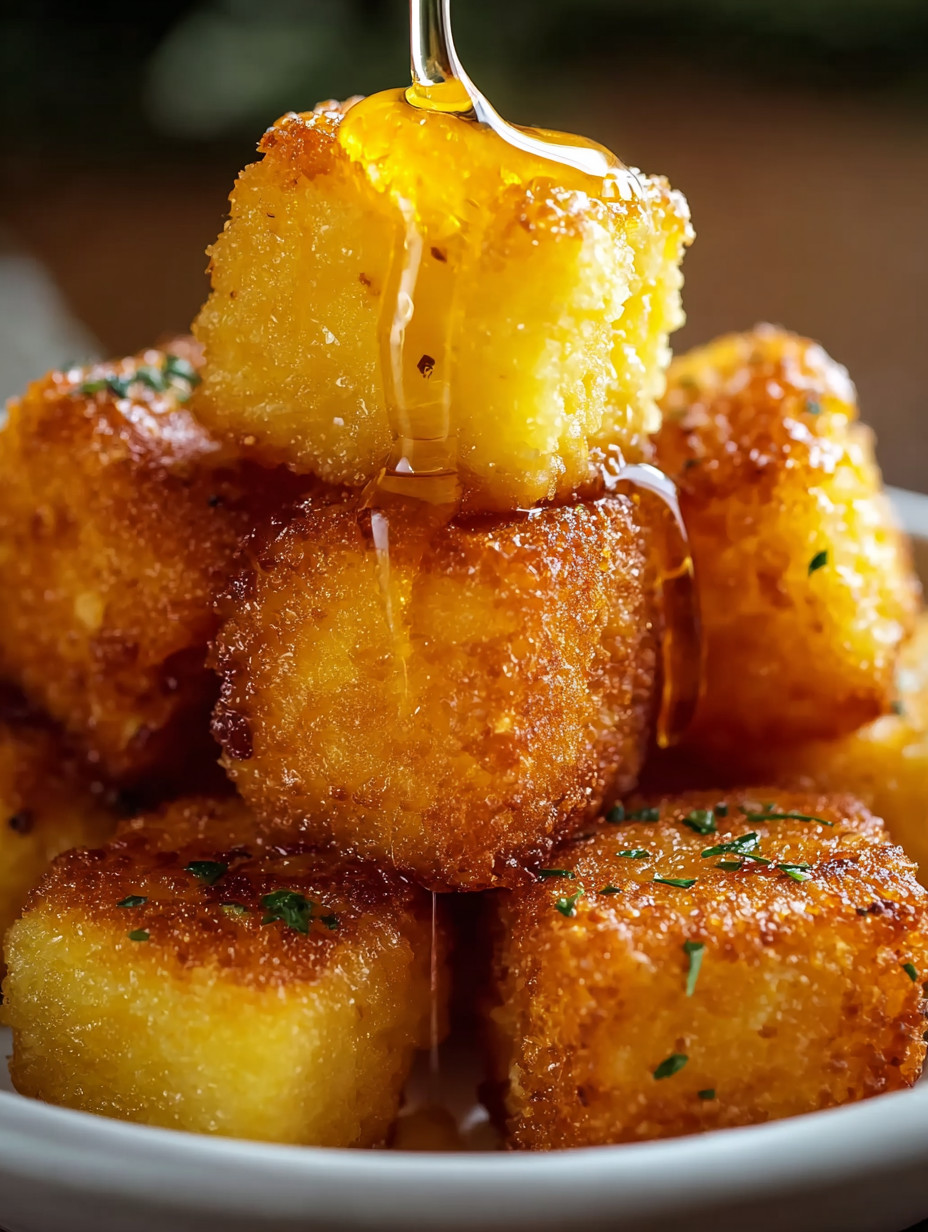 A stack of fried bread with syrup drizzled on top.