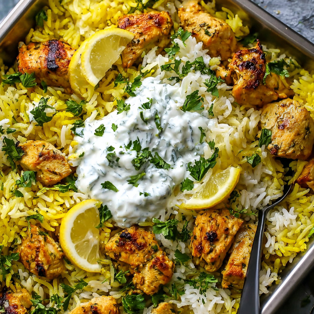 A dish of rice with chicken and lemon wedges.
