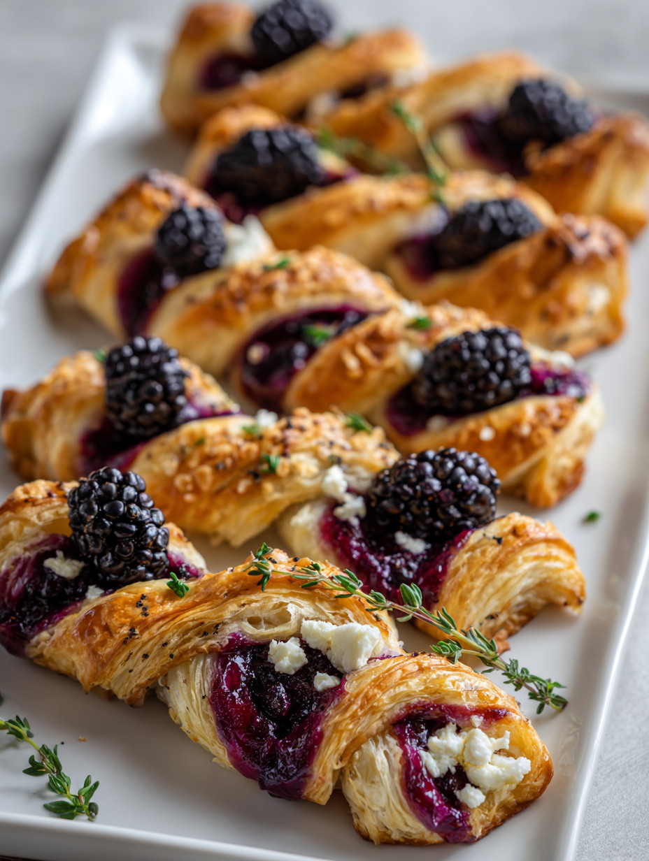 A plate of pastries with blueberries and cheese.