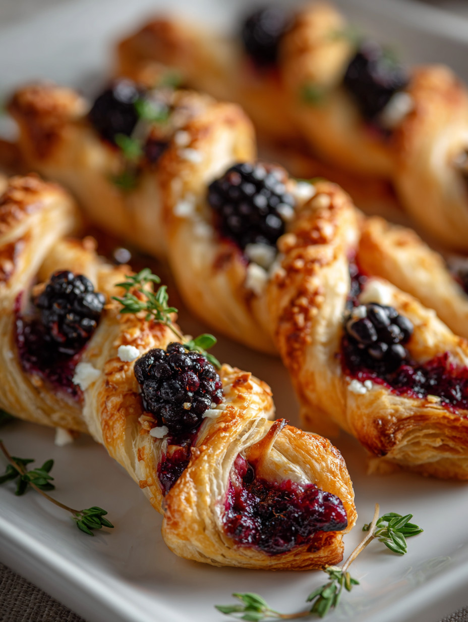A plate of pastries with blackberries on top.