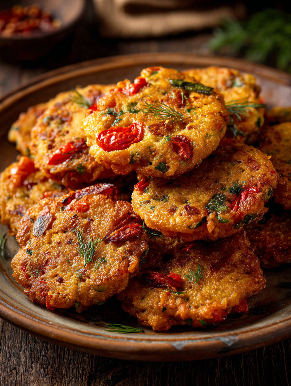 A plate of food with red peppers on top.