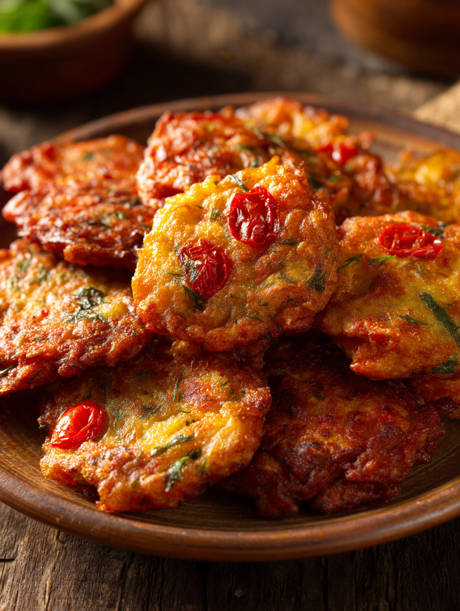 A plate of food with red peppers on top.