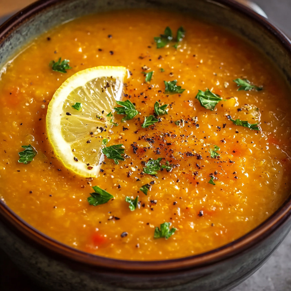 A bowl of soup with a lemon wedge on top.