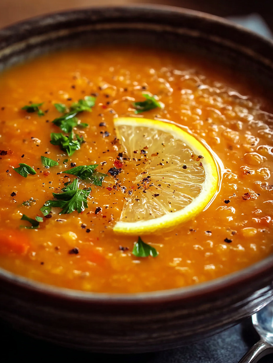 A bowl of soup with a lemon wedge on top.