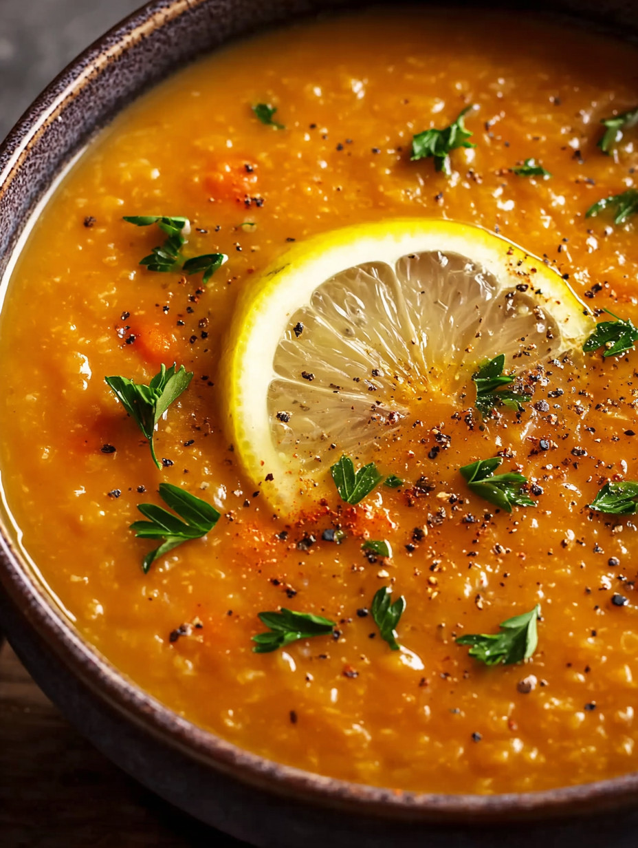 A bowl of soup with a lemon wedge on top.