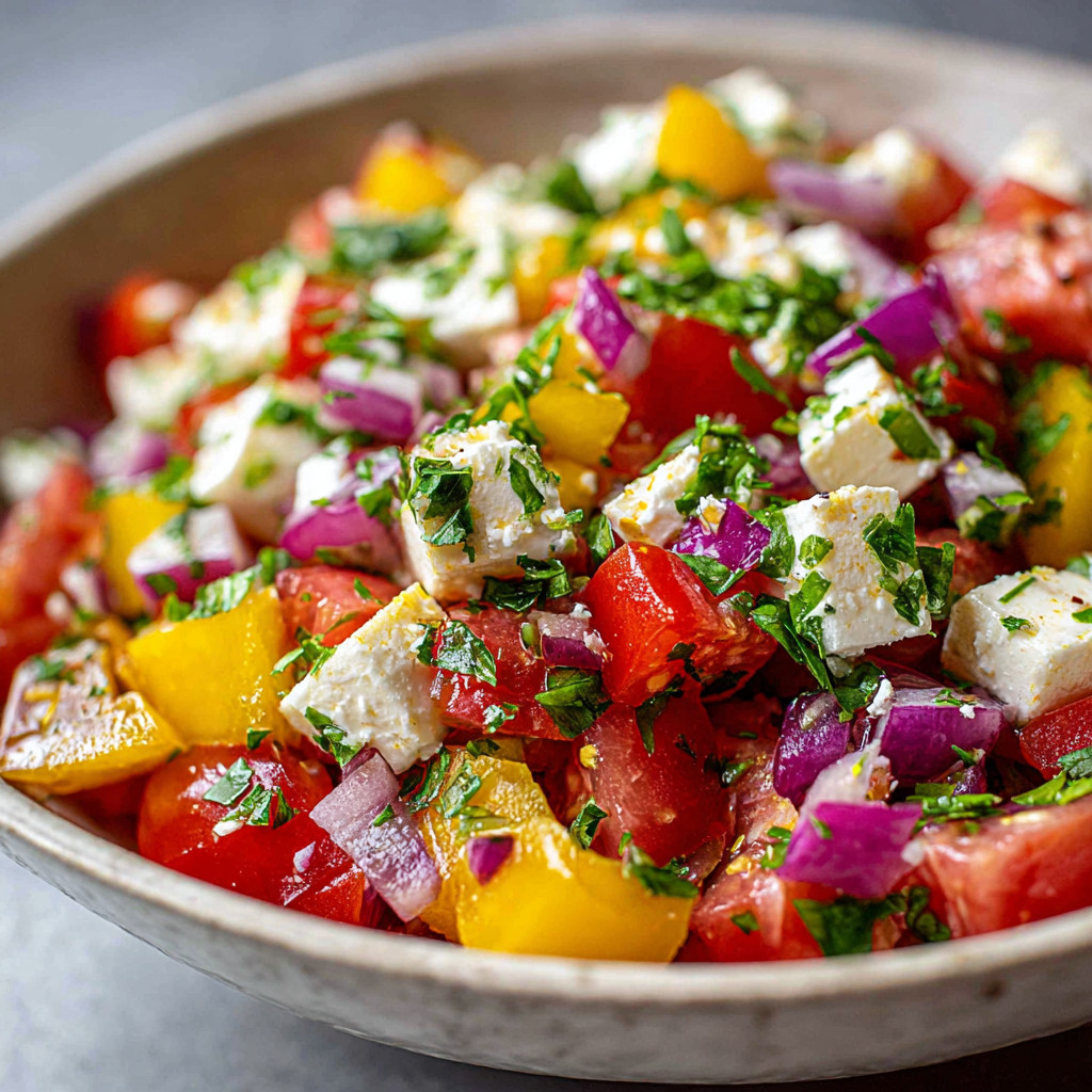 A bowl of fruit salad with tomatoes, onions, and cheese.
