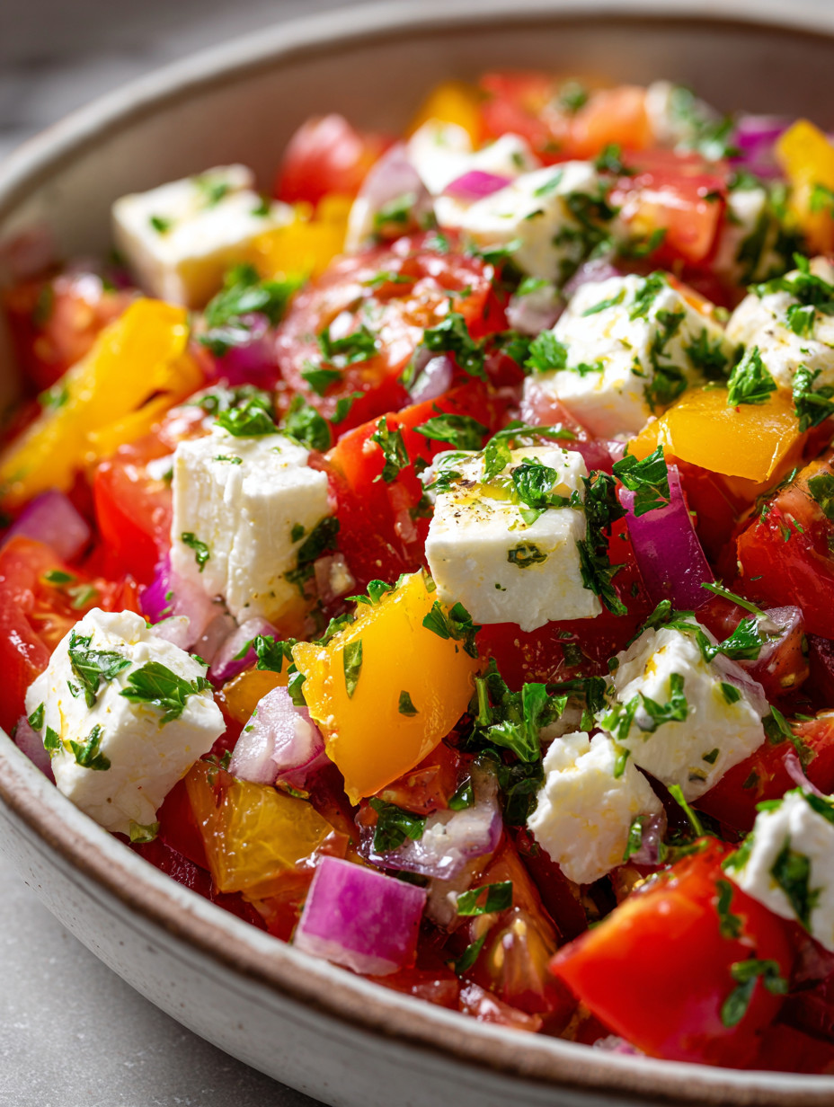 A bowl of vegetables with feta cheese.