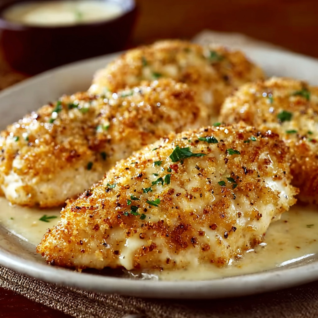 A plate of breaded chicken with sauce.