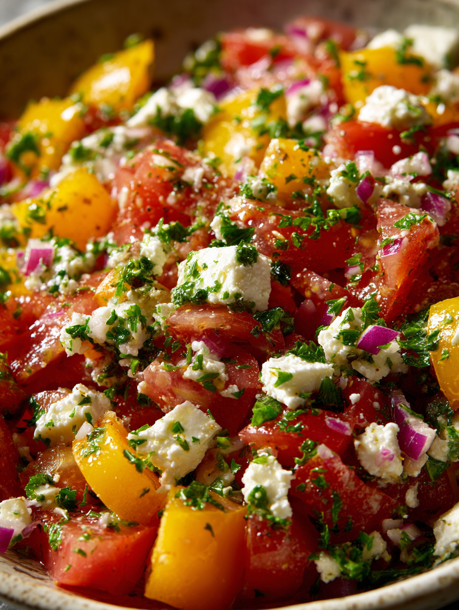 A close up of a salad with tomatoes, onions, and feta cheese.