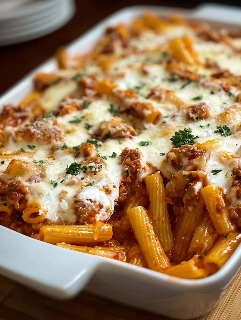 A white plate with a casserole dish of pasta and meat.