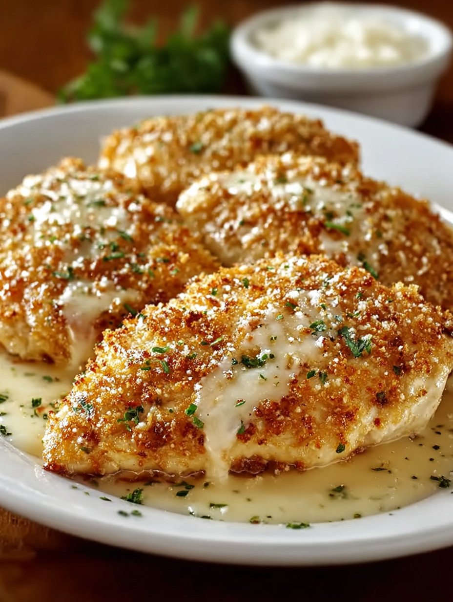 A plate of breaded chicken with cheese and herbs.
