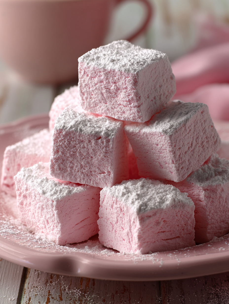 A plate of pink and white marshmallows.