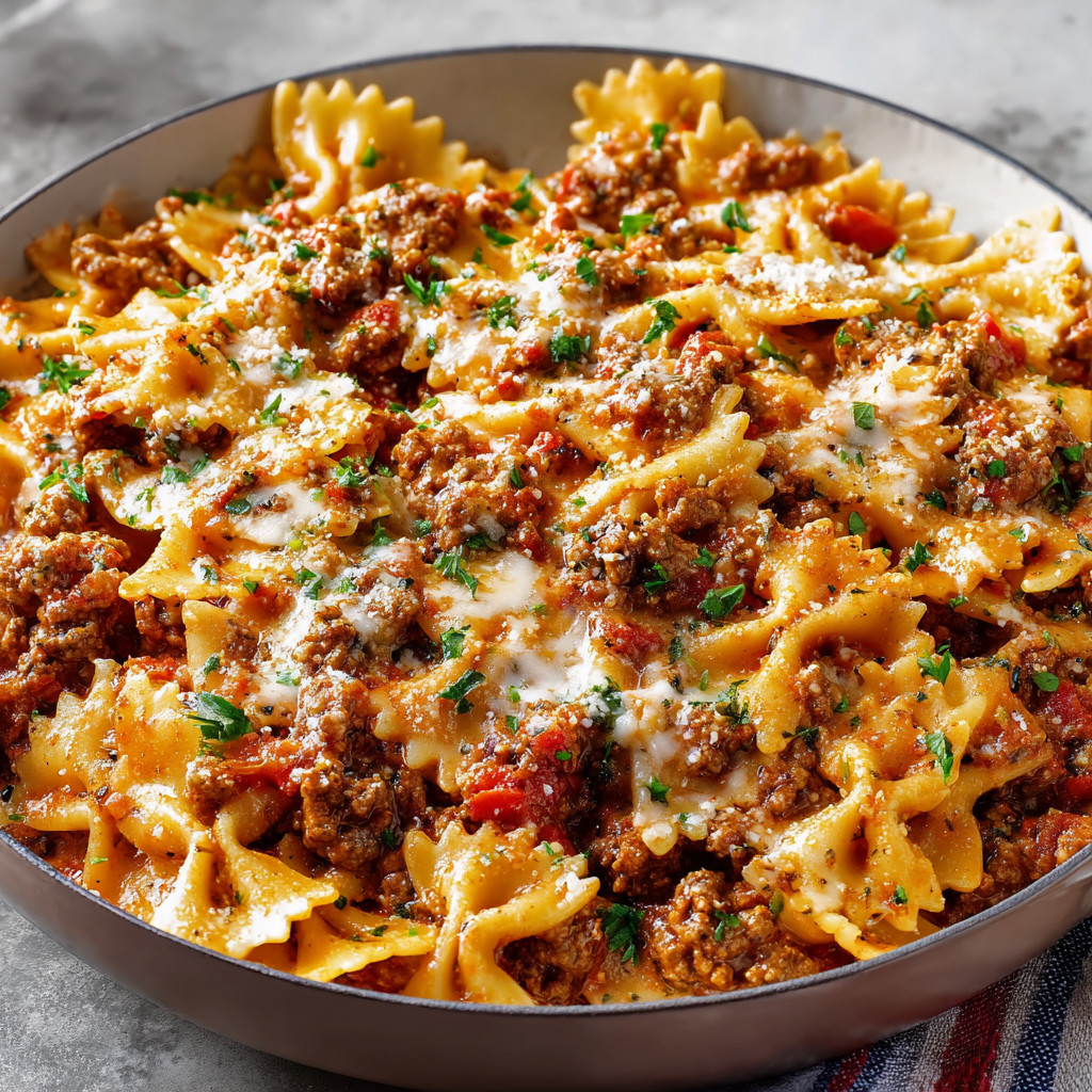 A bowl of pasta with meat and cheese.