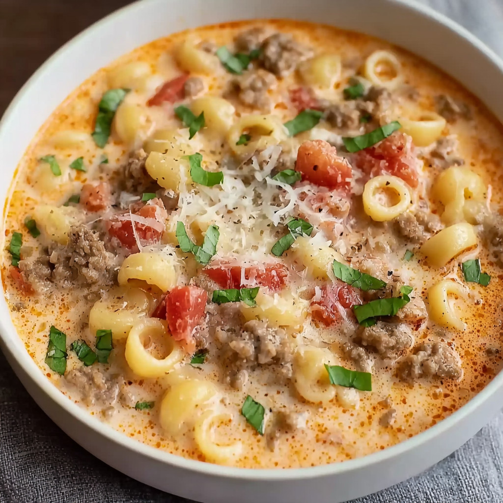 A bowl of pasta with meat and tomatoes.