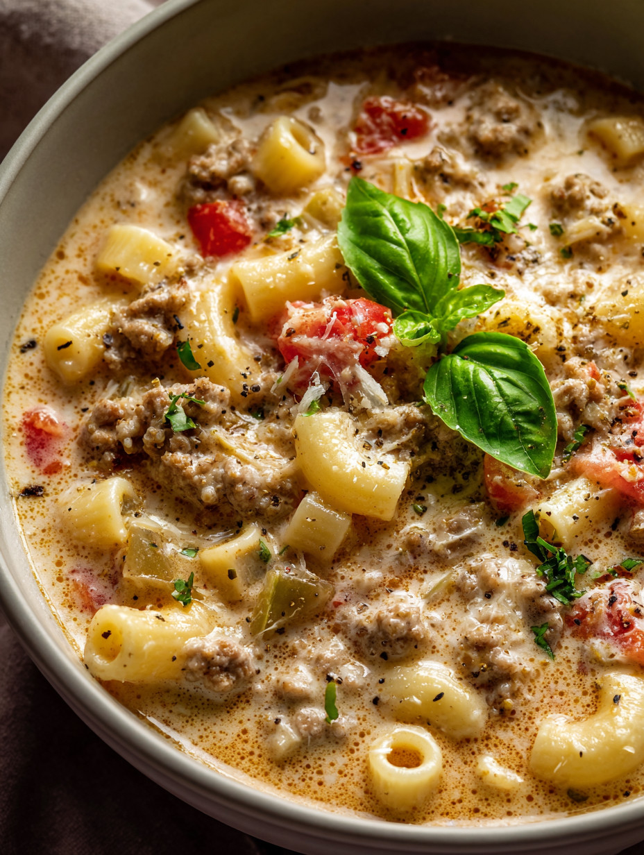 A bowl of soup with noodles, tomatoes, and spinach.