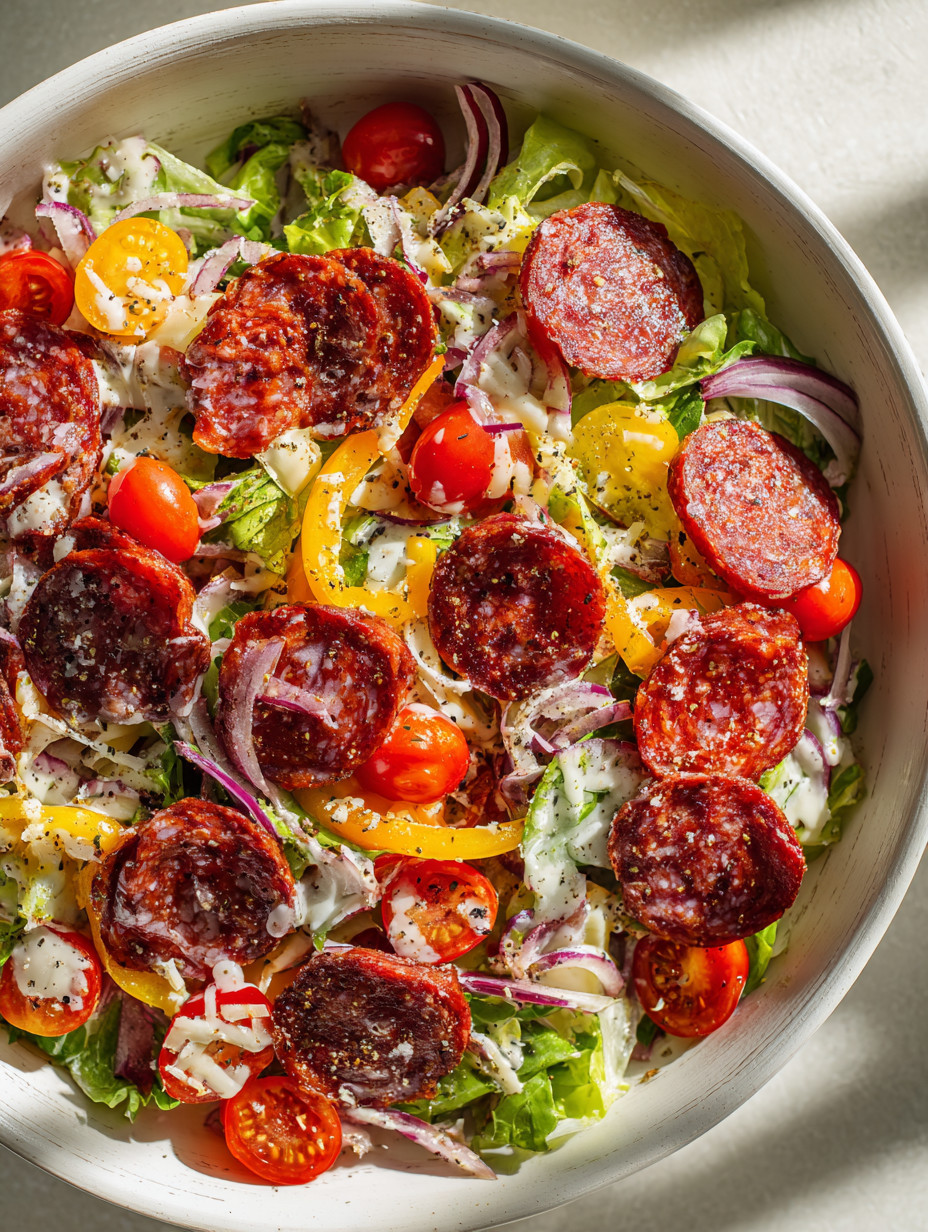 A bowl of salad with peppers, tomatoes, and meat.