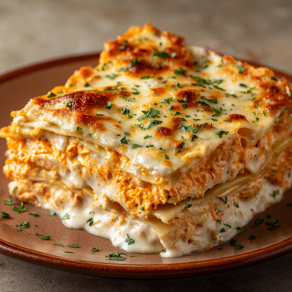 A plate of lasagna with cheese on top.