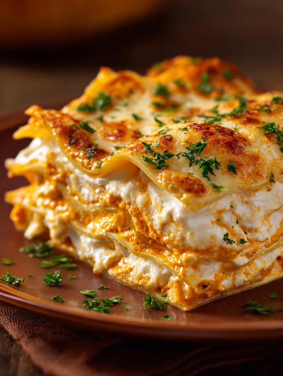 A plate of lasagna with cheese and herbs.