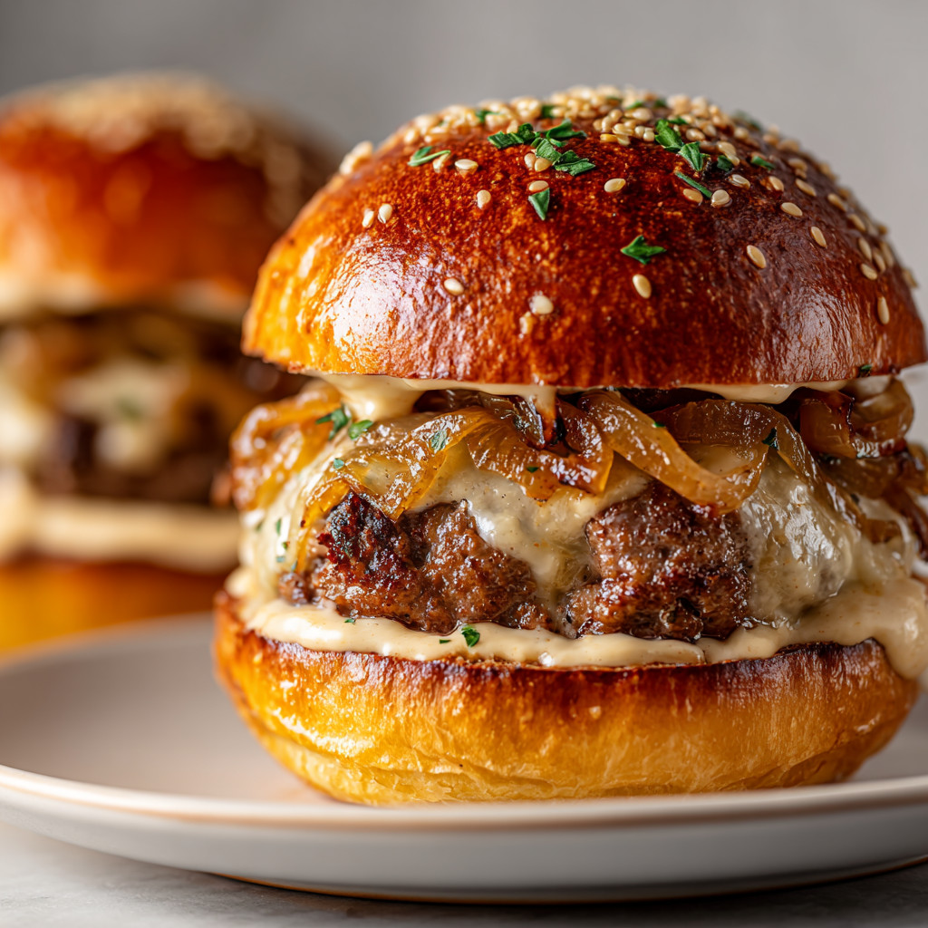 Two burgers on a plate.