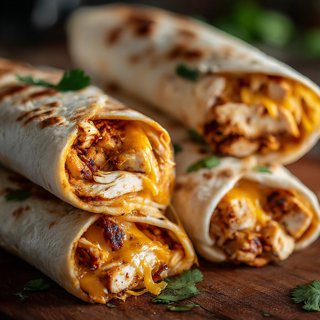 A chicken burrito with cheese and green onions.