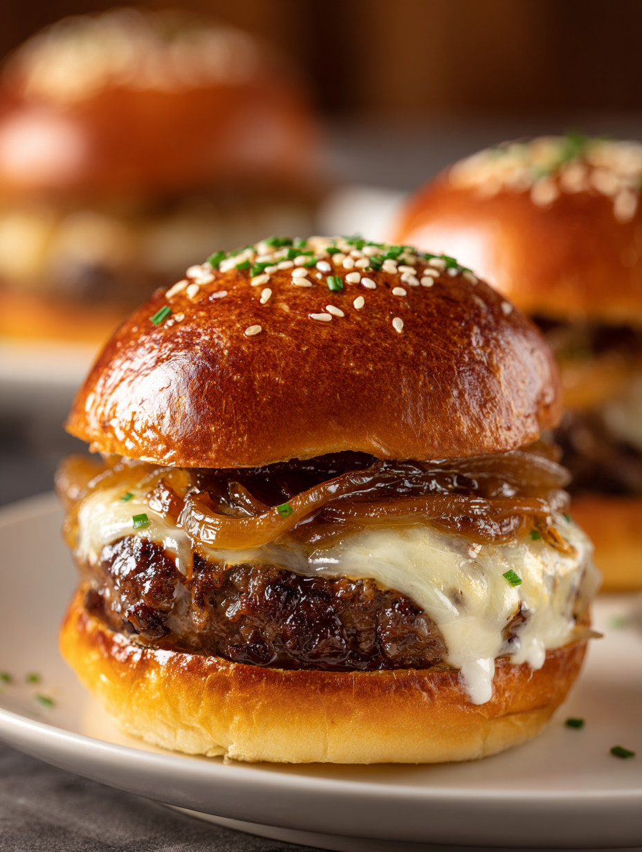 A close up of a burger with onions and cheese.