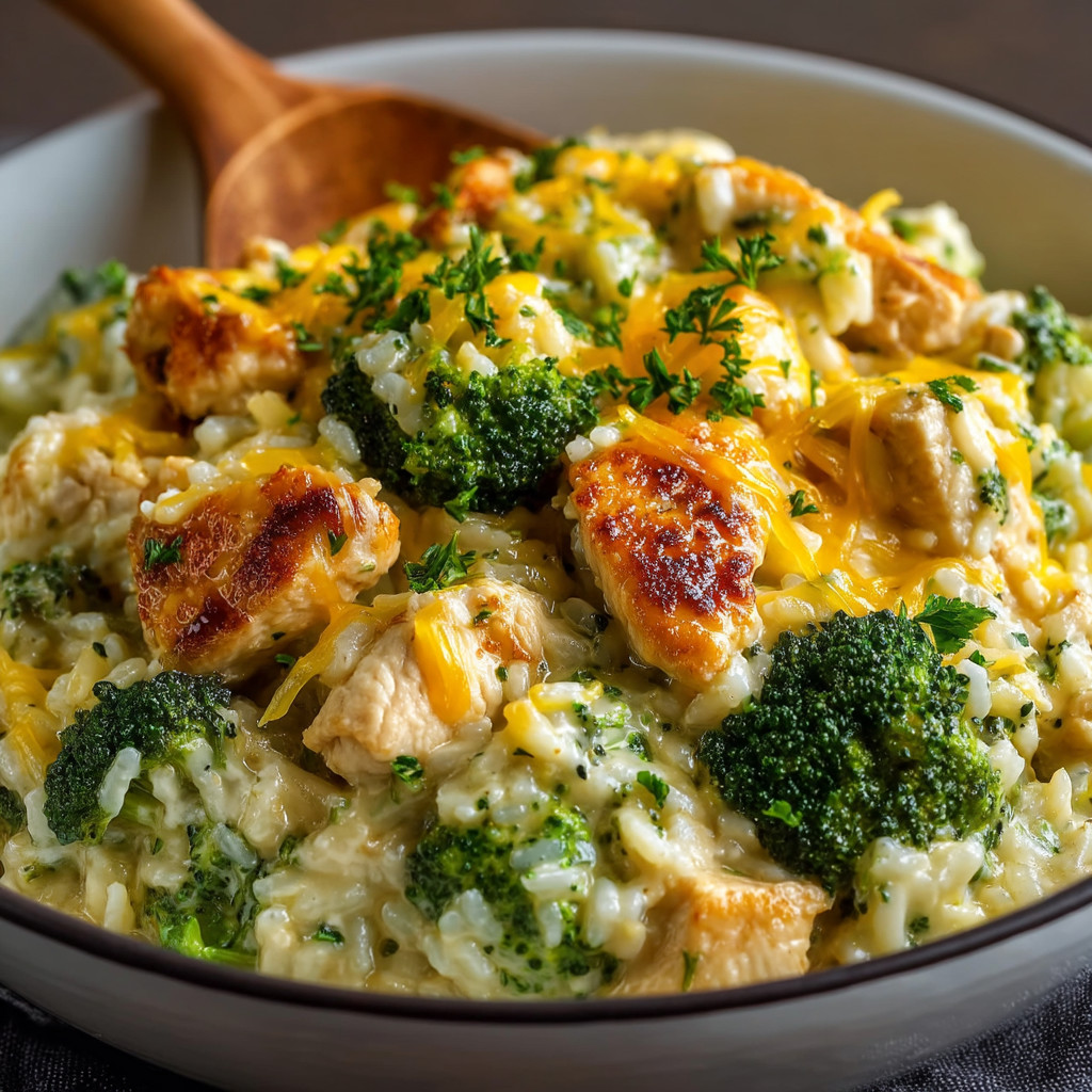 A bowl of rice and chicken with broccoli on top.