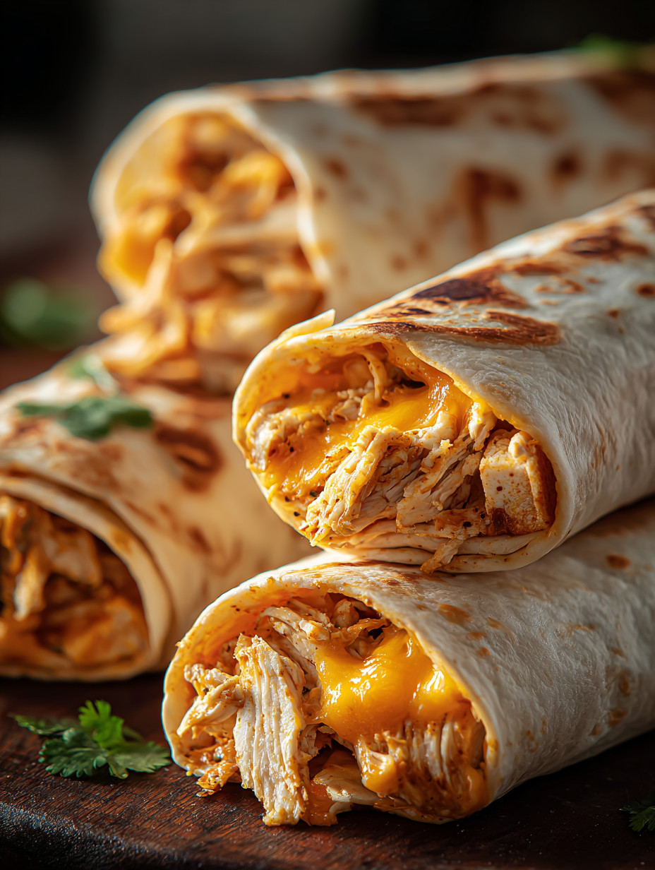 Two chicken burritos with cheese.