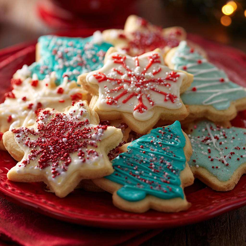 A plate of cookies with Christmas decorations on them.