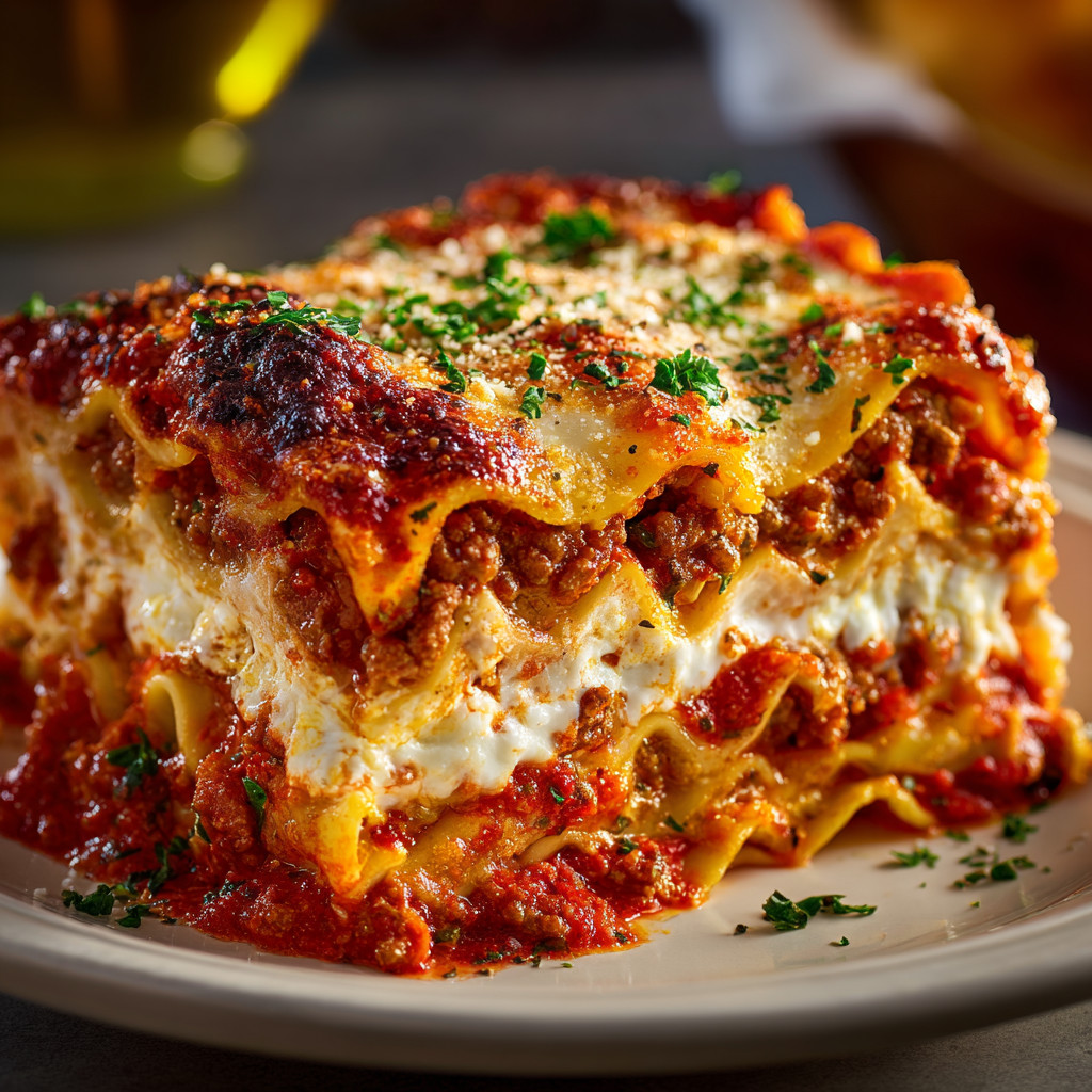 A plate of lasagna with white cheese and green herbs.