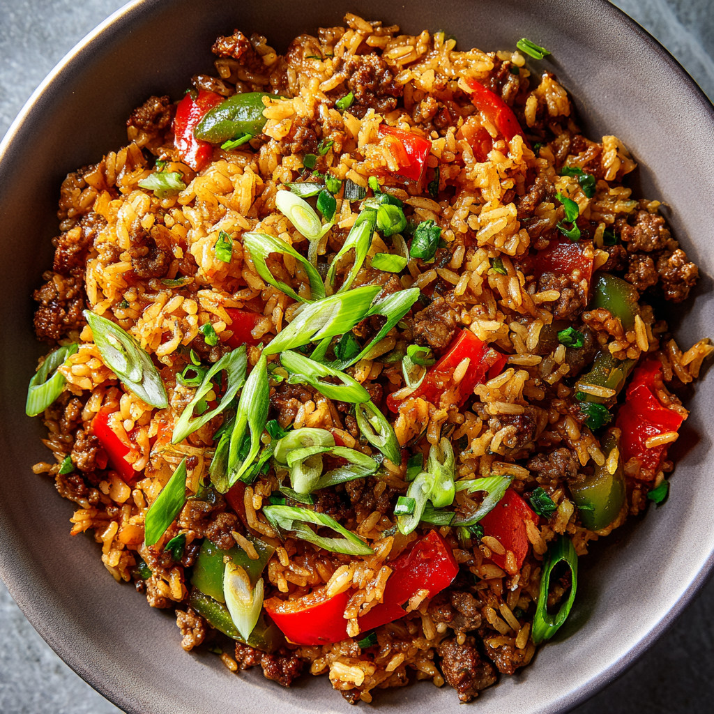 A bowl of rice with meat and vegetables.