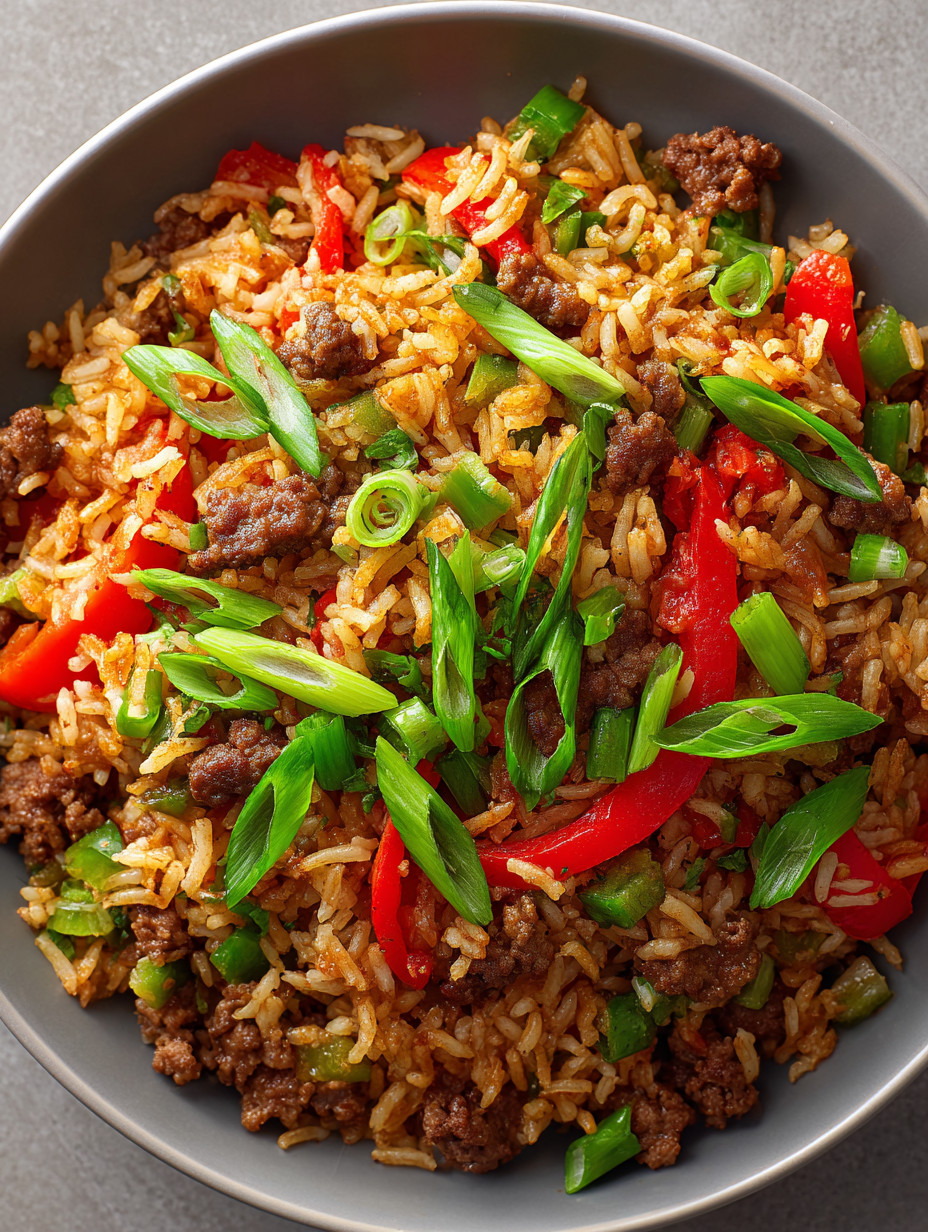 A bowl of rice with meat and vegetables.