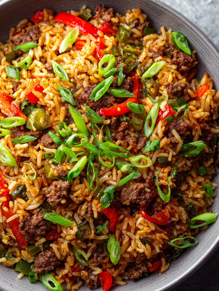 A bowl of rice with meat and peppers.
