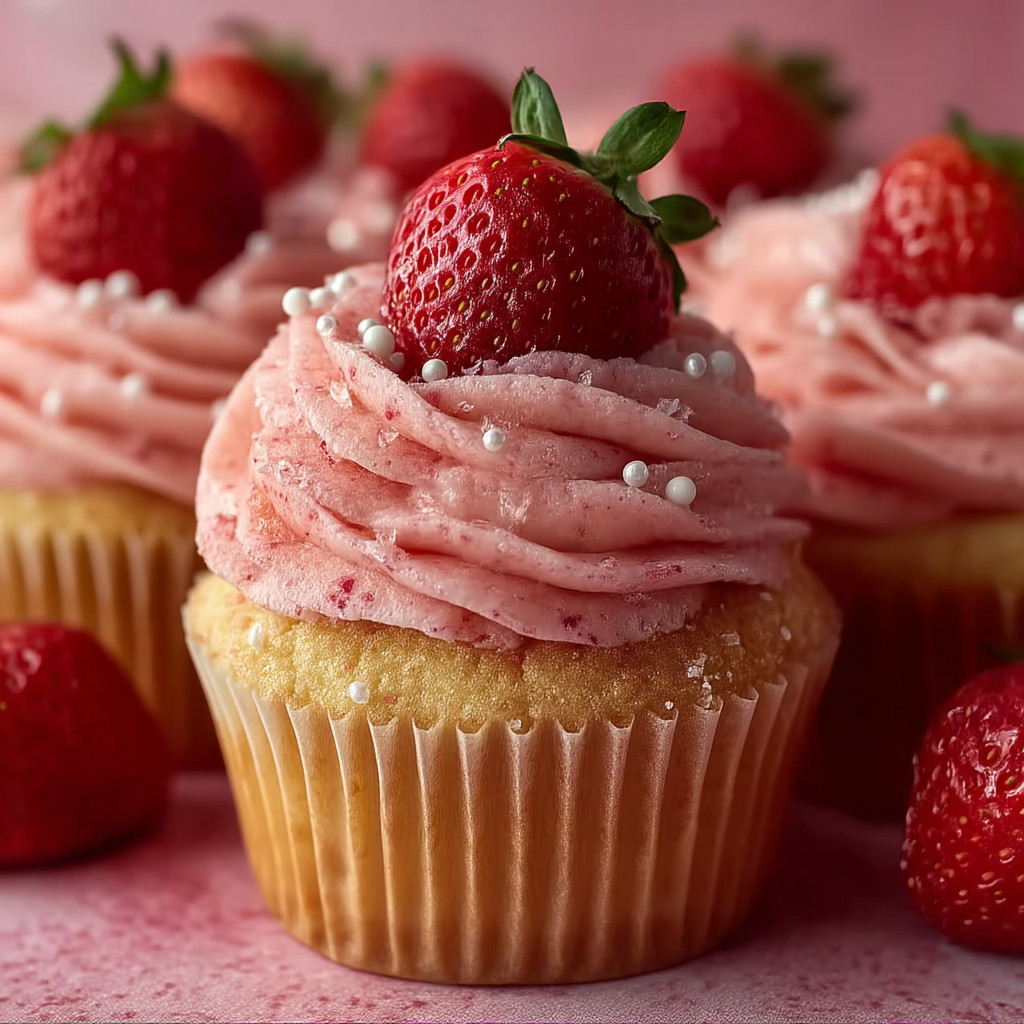 A cupcake with strawberries on top.