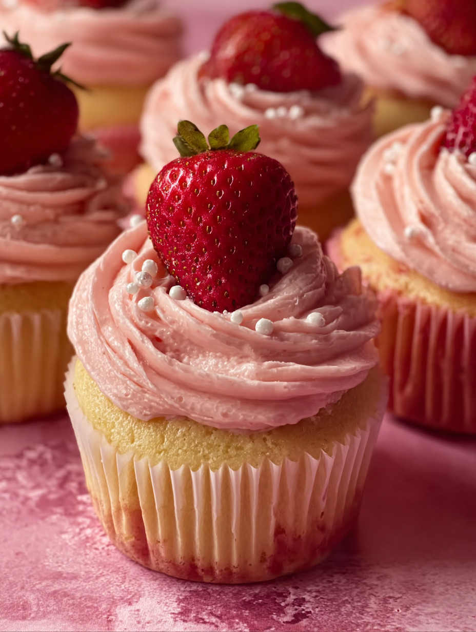 A cupcake with a strawberry on top.