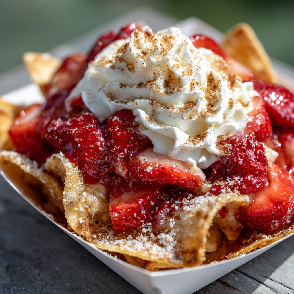 A white paper plate with a strawberry dessert on it.