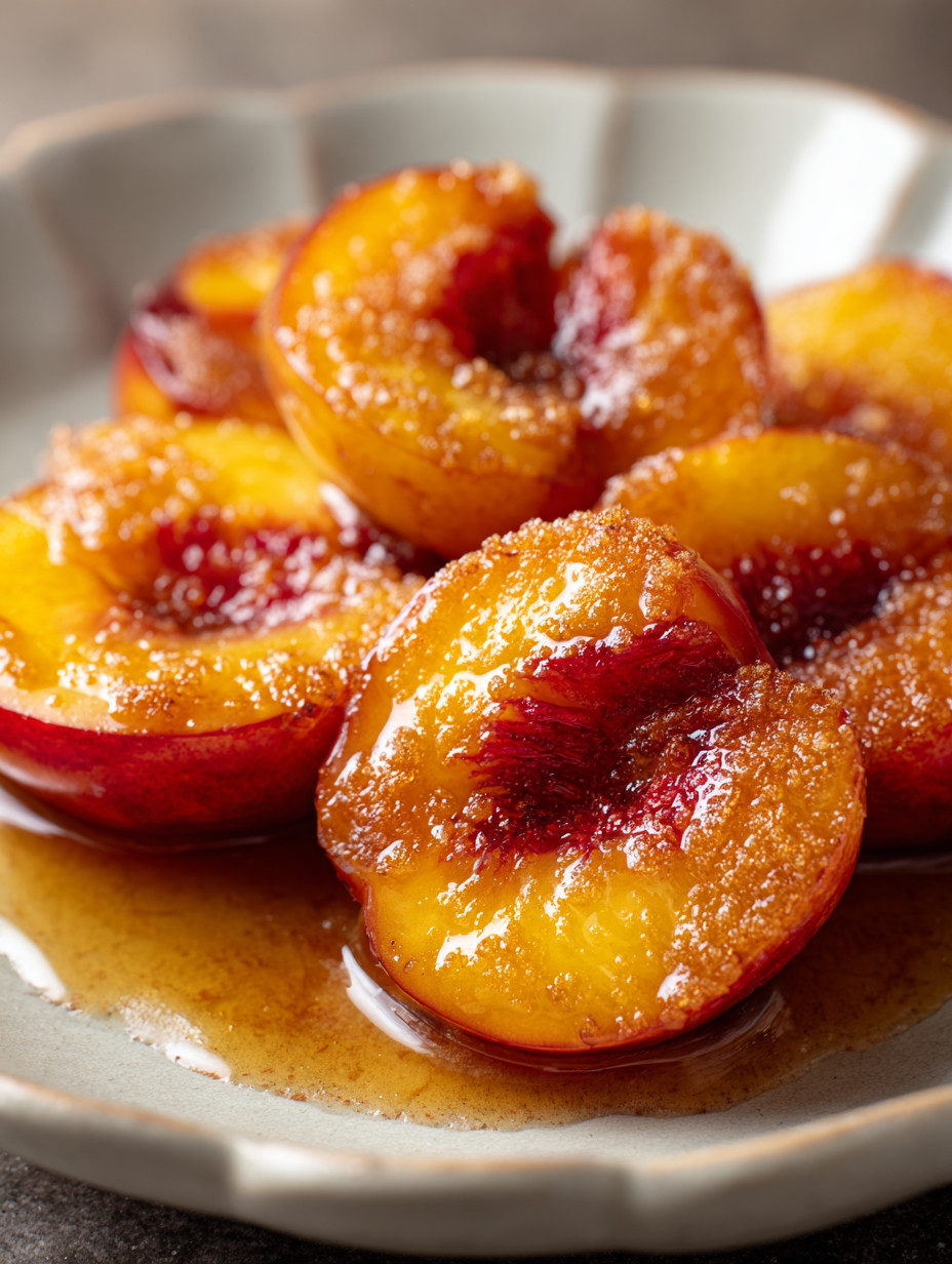 Peaches on a plate with syrup.